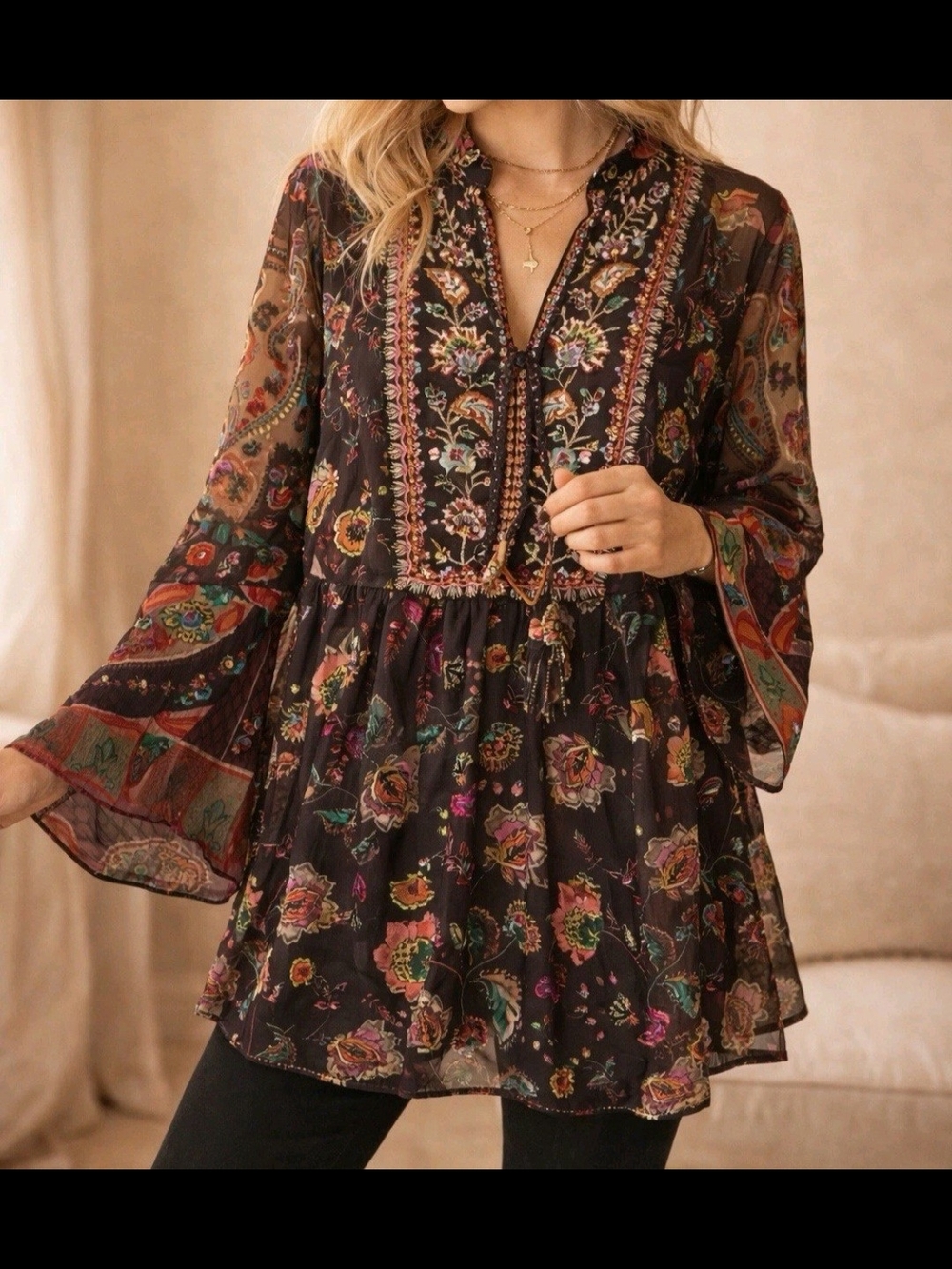 Soft Surroundings Embroidered Beaded Icon Asteria Tunic Sheer Boho Chic Blouse M